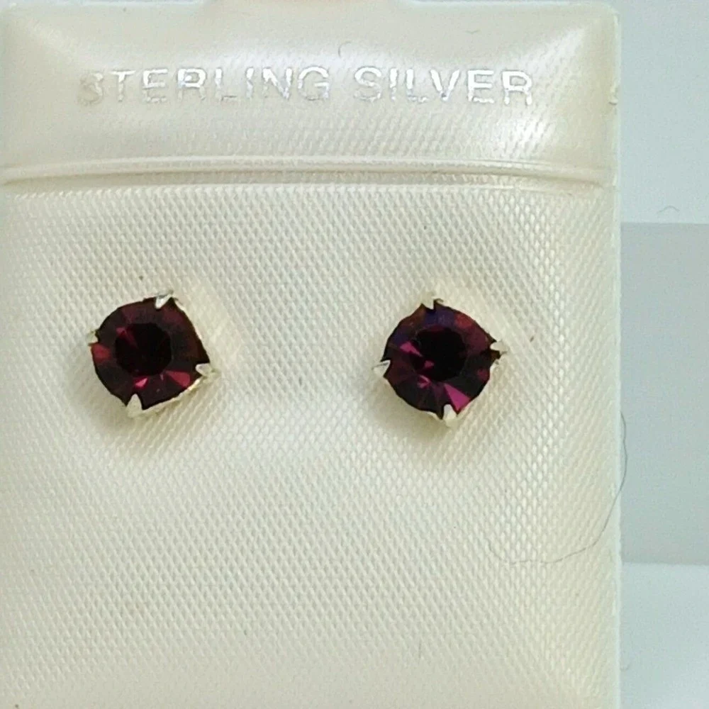 Sterling Silver Purple Crystal Stud Earrings Vintage Birthstone Jewelry February